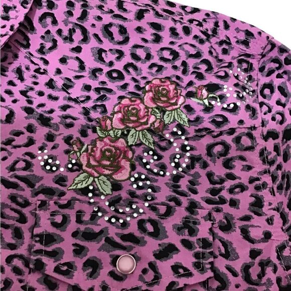 Cowgirl Hardware Pink Leopard Print Long Sleeve Button Down Top Size XL - Picture 7 of 10